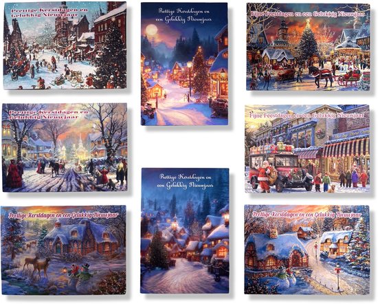 Een verzameling van 9 kerstkaarten met winterse dorps-, huisjes- en straatscènes.