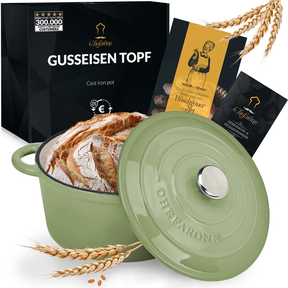 Gietijzeren Pan Chefarone | Braadpan | Inclusief Deksel | Kookpan voor alle Warmtebronnen | Geëmailleerd Groen | Kookpot | Ø 24CM | 3.5L