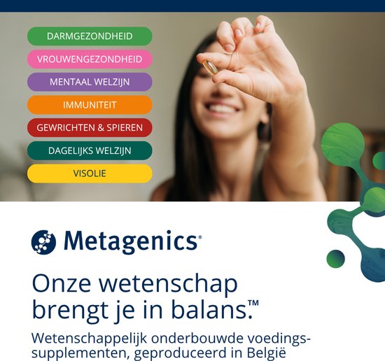 Een vrouw met een glimlach houdt een capsule omhoog. Kleurrijke knoppen met teksten: Darmgezondheid, Vrouwengezondheid, Mentaal welzijn, Immuniteit, Gewrichten & Spieren, Dagelijks welzijn, Visolie.