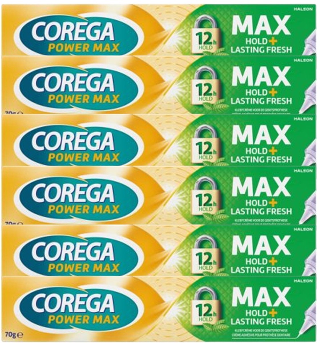 Corega Power Max Hold + Lasting Fresh – 6 × 70 g – Kleefcrème voor Gebitsprothese