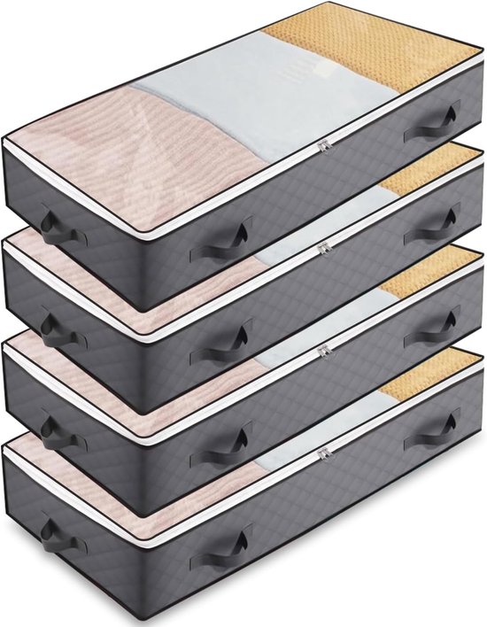 Set de 4 boîtes de rangement sous le lit avec couvercle, 90 litres ; sac de rangement sous le lit, pliable, adapté au rangement des vêtements et de la literie (gris).