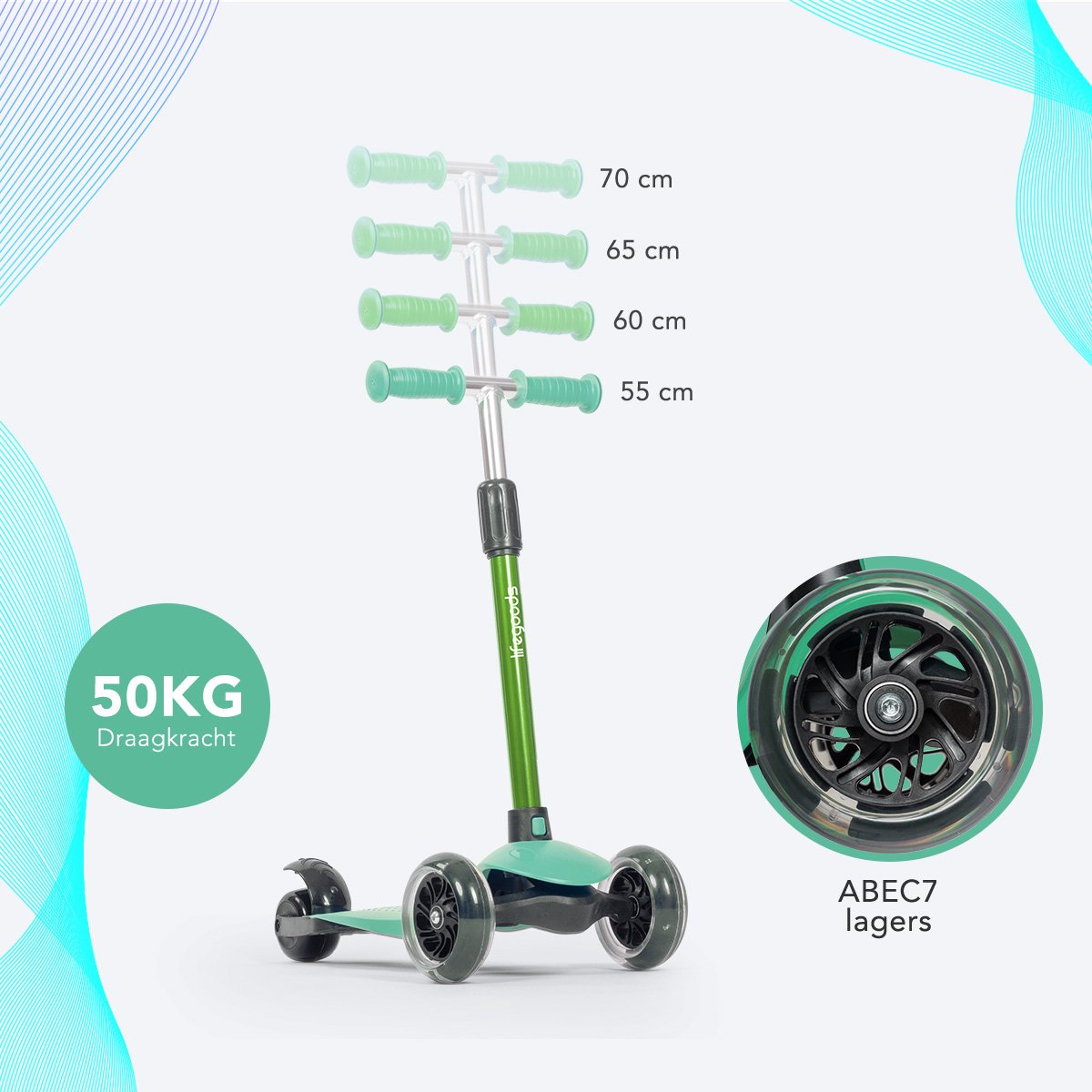 LifeGoods Kinderstep - Step 2-5 Jaar - 3 Lichtgevende LED Wielen - Hoogte Verstelbaar - Jongens/Meisjes - Muntgroen — afbeelding 2