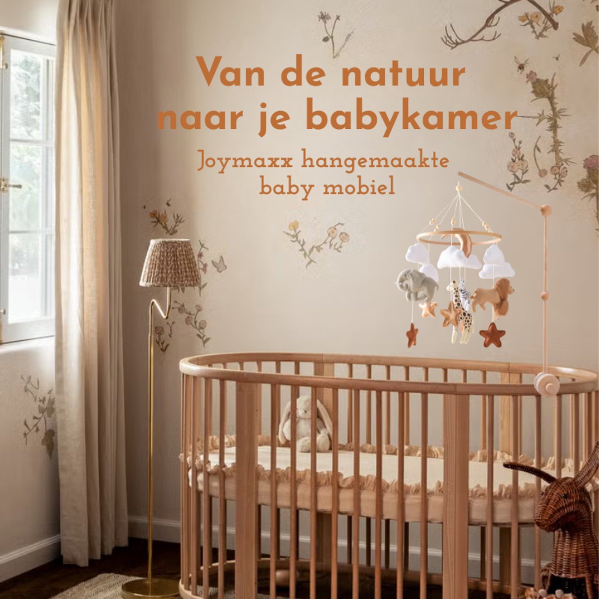 Joymaxx® Mobiel Baby Dieren Safari - Boxmobiel Vilt/Hout Handgemaakt - Babykamer Decoratie Neutrale Kleur- Muziekmobiel-Kraamcadeau - Babyshower Cadeau – foto 5