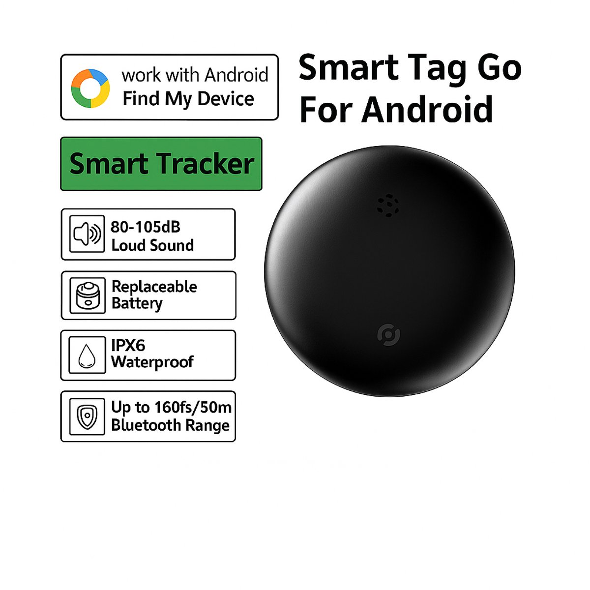 Android GPS Tracker – Real-time Locatie via Google Find My – Alleen voor Android telefoons – Sleutelzoeker & Tracker – Inclusief Keyholder & Batterij – Zwart