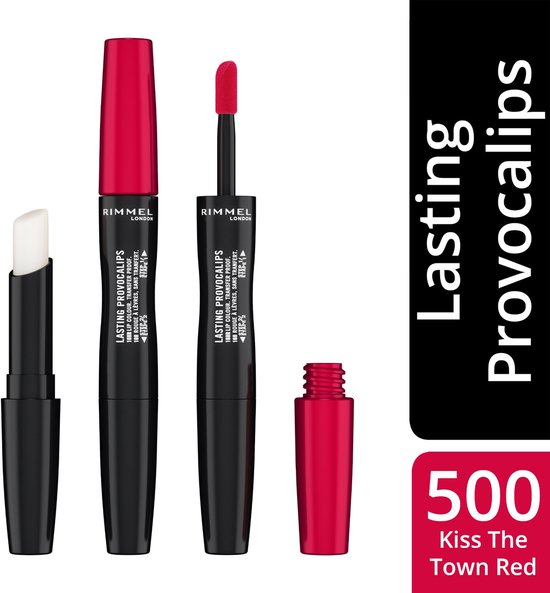 Rimmel London Lasting Provocalips lipstick set in "Kiss The Town Red" met applicator, balsem en rode dop.