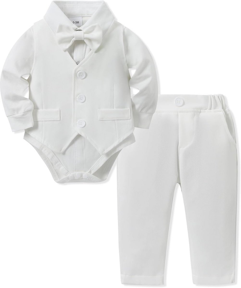 Babyjongens feestelijke kledingset met romper, broek, vest en vlinderdas - 3-delig pakje voor doop en bruiloft