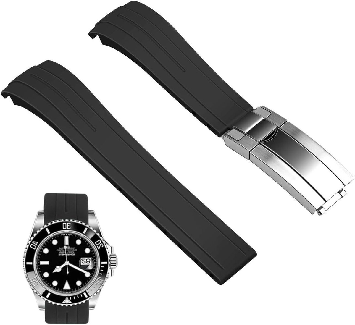 Allecta - Gebogen Rubberen Horlogeband 18mm 20mm 22mm Taps Toelopend Vervangende Band met Duikgesp voor Mannen Vrouwen