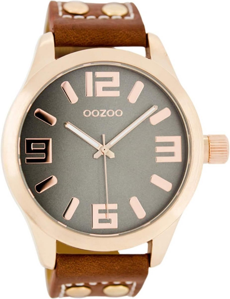 Rose goud kleurig horloge C1156 met cognac lederen band - 46 mm uniseks