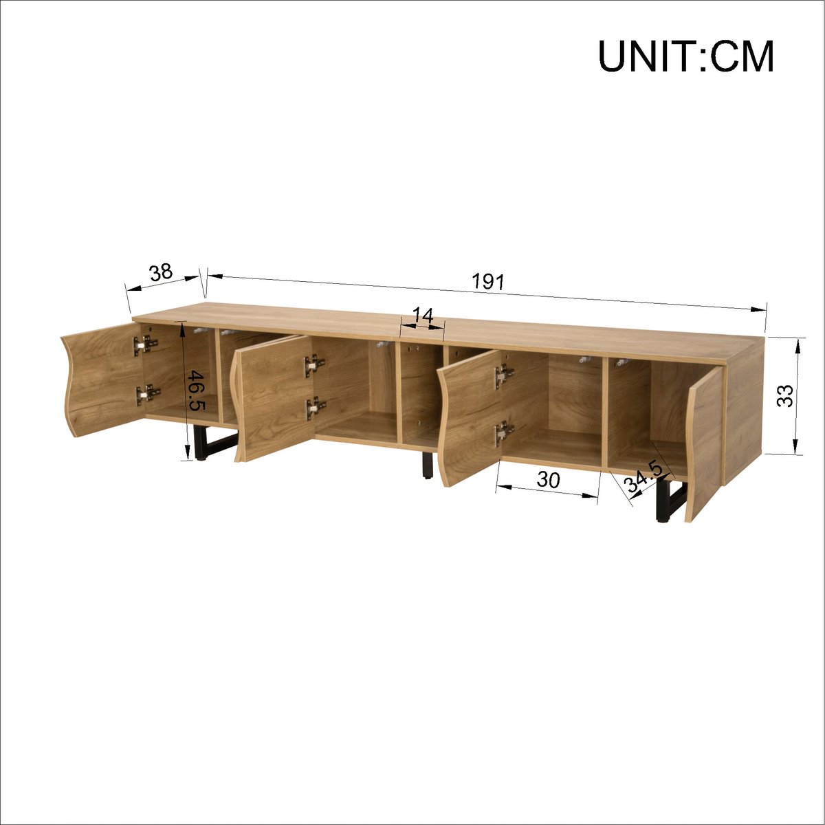 Vijfdeurs tv-meubel, tv-standaard, tv-paneel, lage tv-standaard. Uniek ontwerp. 191 x 38 x 46,5 cm (L x B x H)