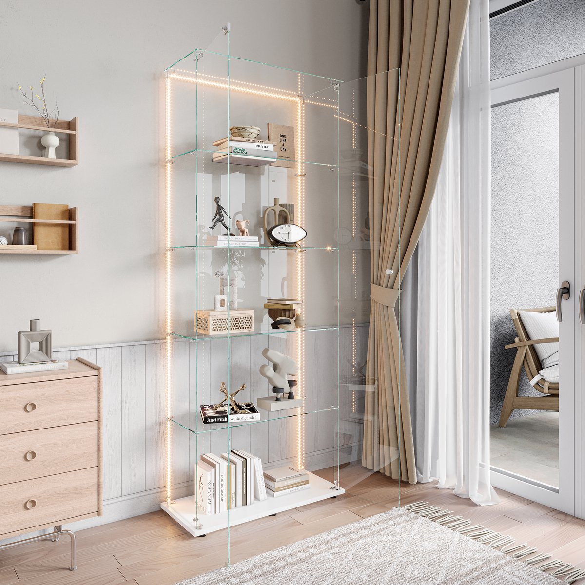 Dubbele vitrinekast met 5 planken – Witte voet, geïntegreerde LED-lichtstrips – Ideaal voor het tentoonstellen van decoratie & verzamelobjecten