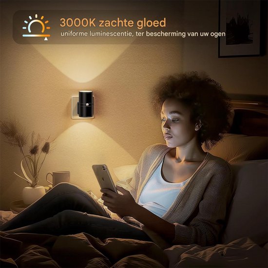 QTTVBTNA - LED Sensor Nachtlampje - Stekkerlamp - Ingebouwde Beweging Sensor - Dimbaar - Geschikt Voor Slaapkamer, Badkamer, Kinderkamer - 3000K Warm Licht - Zwart - 1 Stuk van Merkloos — afbeelding 4