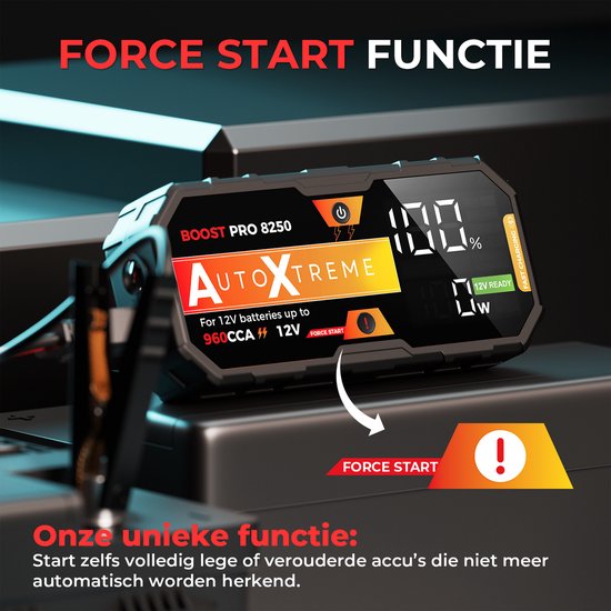 Démarreur AutoXtreme avec écran affichant 100% et texte 'FORCE START FUNCTIE'.