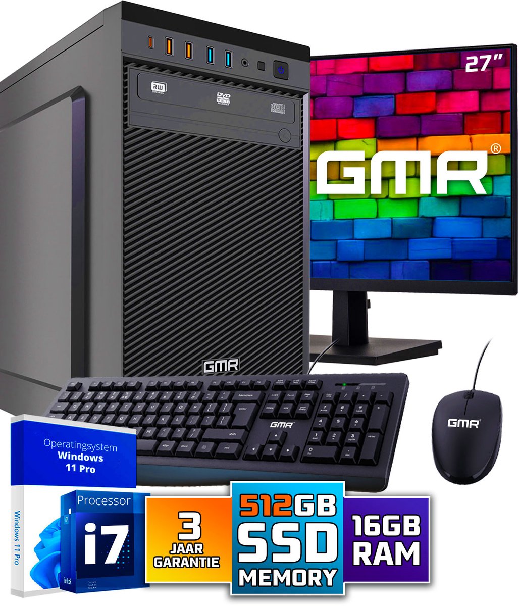 Intel Ultra Compleet Desktop PC | Intel Core i7 | 16 GB RAM | 512GB SSD M.2 | DVD+RW | Windows 11 Pro | 27" Monitor, Muis & Toetsenbord