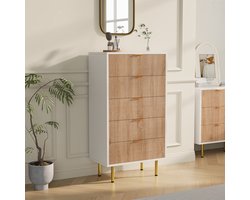 Moderner Schrank mit 5 Schubladen, Nachttisch mit goldfarbenen Metallgriffen, Sideboard, moderne Kommode für Schlafzimmer, Wohnzimmer, Büro, Kleiderschrank, Holz + Weiß, 1-teilig