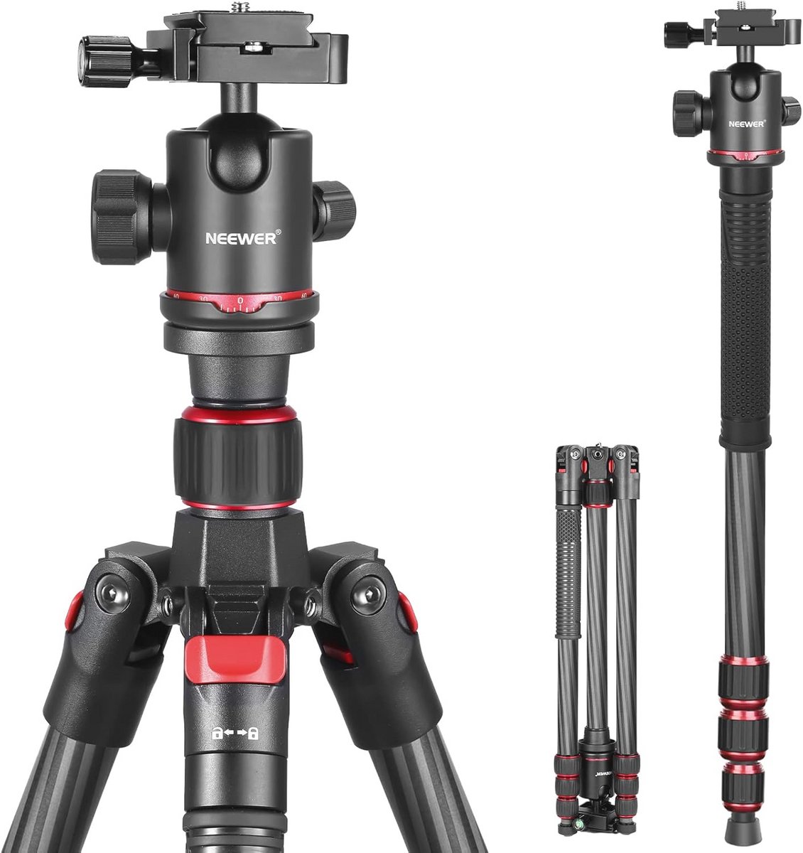 Carbon Tripod Monopod met 360° Panorama Bal Hoofd - Lichtgewicht en Compact Reisset