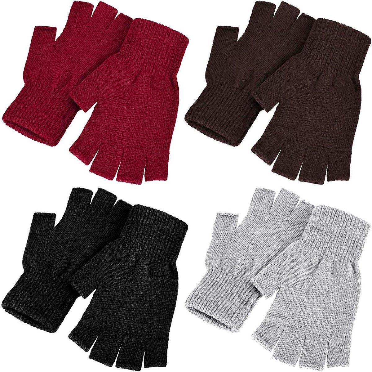 Allecta - Set van 4 halve vinger winterhandschoenen voor dames en heren - Zwart, rood, bruin, lichtgrijs - Unisex - Warm en comfortabel - One size