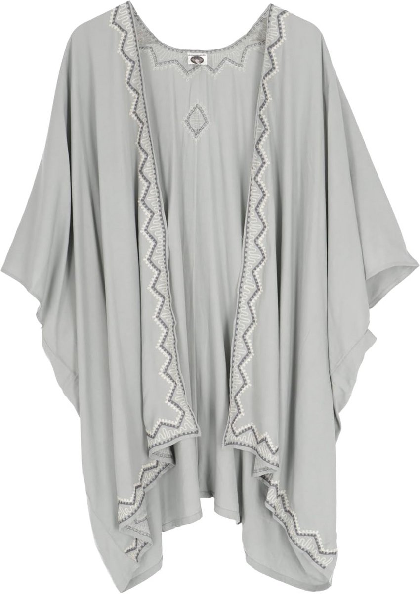 Lichtgrijze zomerkimono | Geborduurde kaftan voor het strand | Tuniek blousje | 100% polyester | Maten 44