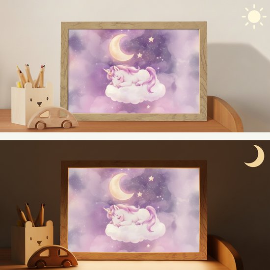 Nachtlampje 30x20 cm - Kinder lampje - Eenhoorn - Paars - Sterrenhemel - Maan - Tafellamp kinderkamer - Slaapkamer lamp - Bedlamp kinderen - Kinderlampje stopcontact - Wandlamp babykamer - Nachtlampjes van Merkloos — afbeelding 4