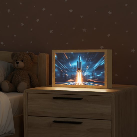Nachtlampje 30x20 cm - Kinder lamp - Raket - Ruimte - Blauw - Licht - Tafellamp kinderkamer - Slaapkamer lamp - Bedlamp kinderen - Kinderlampje stopcontact - Wandlamp babykamer - Nachtlampjes van Merkloos — afbeelding 2