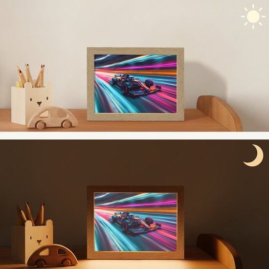 Nachtlampje 20x15 cm - Kinder lampje - Racen - Auto - Race - Jongens - Kleurrijk - Tafellamp kinderkamer - Slaapkamer lamp - Bedlamp kinderen - Kinderlampje stopcontact - Wandlamp babykamer - Nachtlampjes van Merkloos — afbeelding 4