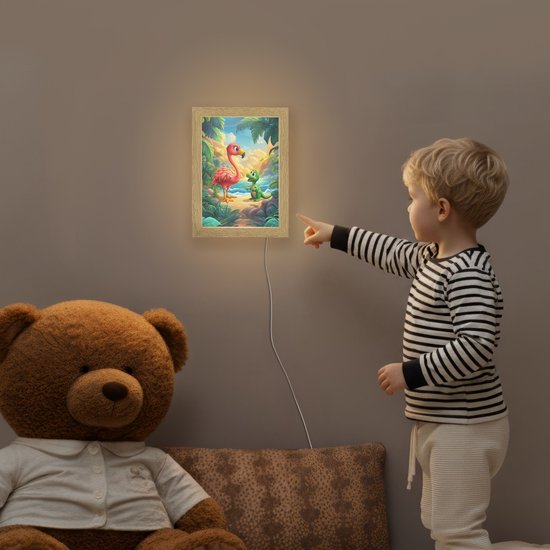 Nachtlampje 15x20 cm - Kinder lampje - Flamingo - Dinosaurus - Strand - Kleurrijk - Tafellamp kinderkamer - Slaapkamer lamp - Bedlamp kinderen - Kinderlampje stopcontact - Wandlamp babykamer - Nachtlampjes van OnlyWow — afbeelding 5