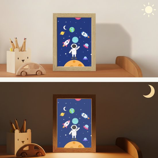 Nachtlampje 15x20 cm - Kinder lampje - Ruimte - Astronaut - Raket - Blauw - Tafellamp kinderkamer - Slaapkamer lamp - Bedlamp kinderen - Kinderlampje stopcontact - Wandlamp babykamer - Nachtlampjes van Merkloos — afbeelding 4