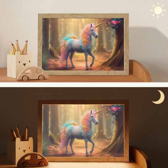 Nachtlampje 30x20 cm - Kinder lampje - Eenhoorn - Bos - Kleurrijk - Bloemen - Meiden - Tafellamp kinderkamer - Slaapkamer lamp - Bedlamp kinderen - Kinderlampje stopcontact - Wandlamp babykamer - Nachtlampjes van Merkloos — afbeelding 4