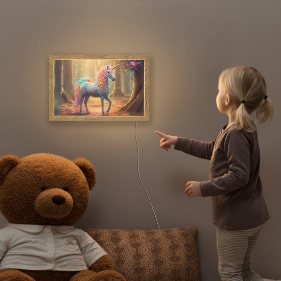 Nachtlampje 30x20 cm - Kinder lampje - Eenhoorn - Bos - Kleurrijk - Bloemen - Meiden - Tafellamp kinderkamer - Slaapkamer lamp - Bedlamp kinderen - Kinderlampje stopcontact - Wandlamp babykamer - Nachtlampjes van Merkloos — afbeelding 5