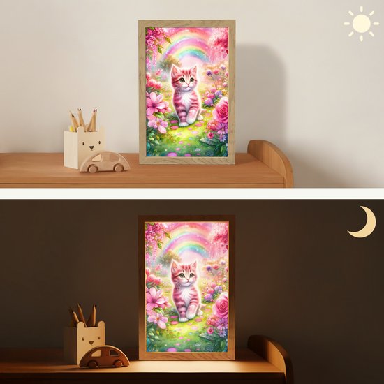 Nachtlampje 20x30 cm - Kinder lampje - Kitten - Roze - Kat - Regenboog - Bloemen - Tafellamp kinderkamer - Slaapkamer lamp - Bedlamp kinderen - Kinderlampje stopcontact - Wandlamp babykamer - Nachtlampjes van Merkloos — afbeelding 4