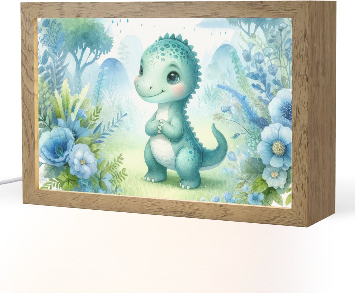 Nachtlampje 30x20 cm - Kinder lampje - Dino - Baby - Regenboog - Pastel kleuren - Tafellam