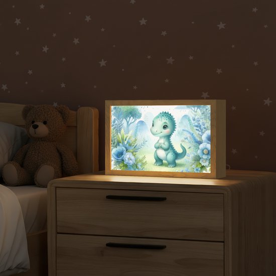 Nachtlampje 30x20 cm - Kinder lampje - Dino - Baby - Regenboog - Pastel kleuren - Tafellamp kinderkamer - Slaapkamer lamp - Bedlamp kinderen - Kinderlampje stopcontact - Wandlamp babykamer - Nachtlampjes van OnlyWow — afbeelding 2