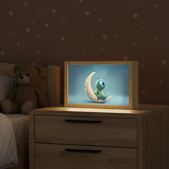 Nachtlampje 30x20 cm - Kinder lampje - Maan - Ruimtewezen - Blauw - Tafellamp kinderkamer - Slaapkamer lamp - Bedlamp kinderen - Kinderlampje stopcontact - Wandlamp babykamer - Nachtlampjes van Merkloos — afbeelding 2