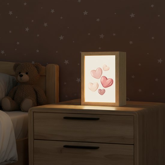 Nachtlampje 15x20 cm - Kinder lampje - Harten - Rood - Roze - Zwevend - Tafellamp kinderkamer - Slaapkamer lamp - Bedlamp kinderen - Kinderlampje stopcontact - Wandlamp babykamer - Nachtlampjes van OnlyWow — afbeelding 2