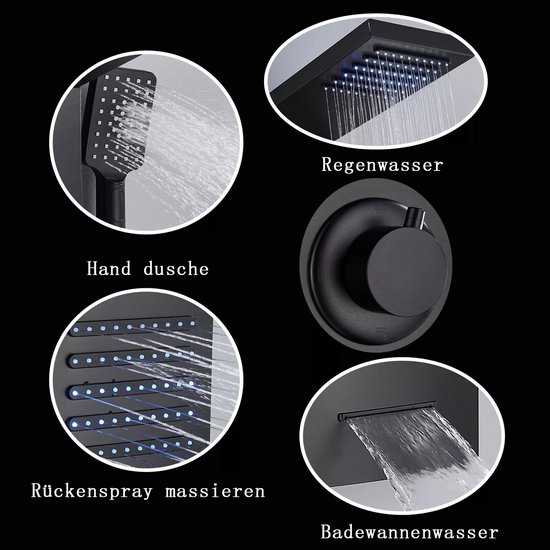 Close-ups van zwart douchepaneel: handdouche, regenmodus met LED, massagejets en baduitloop.