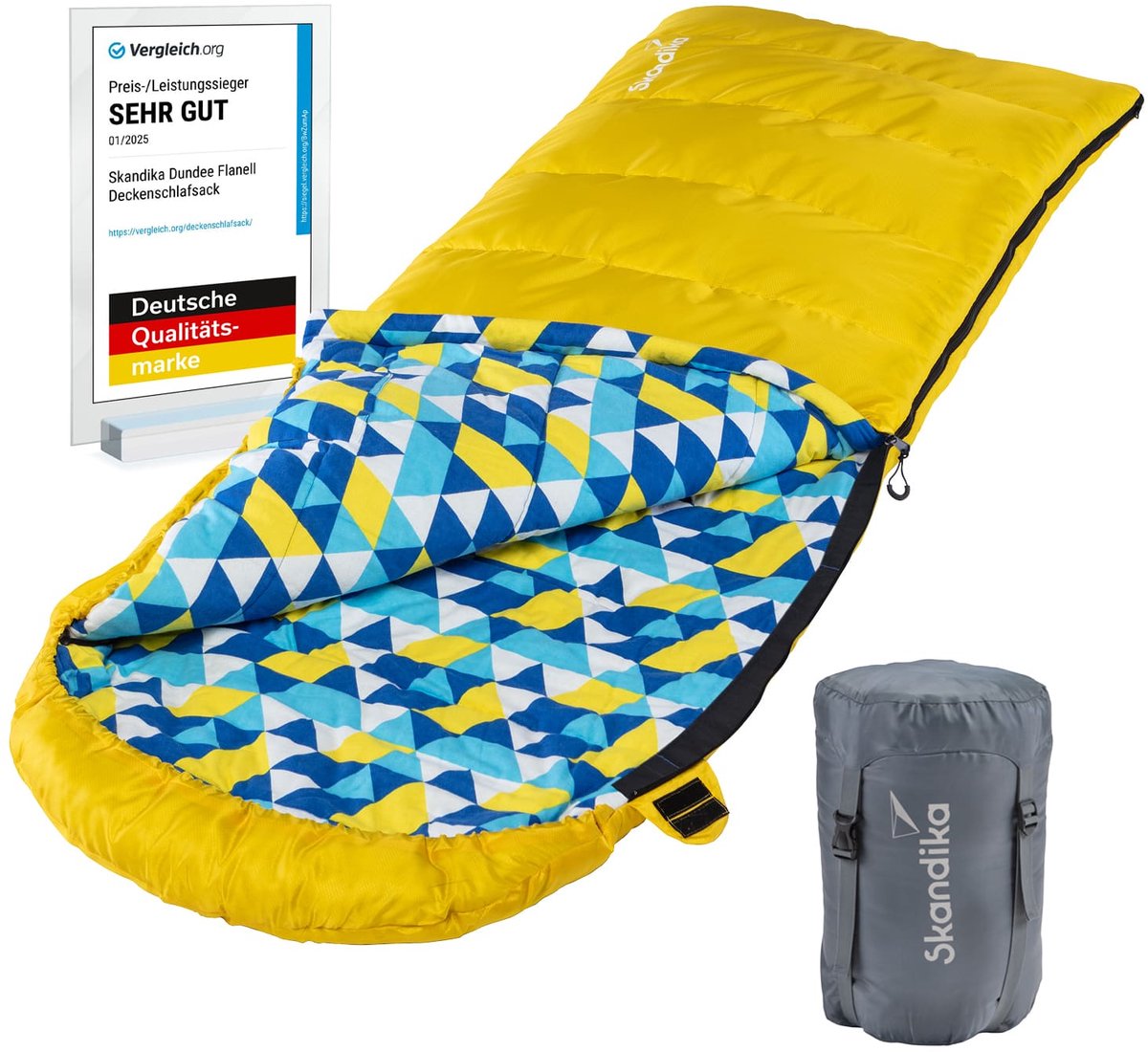 Skandika Dundee Flannel-L Slaapzak – Dekenmodel slaapzakken – Slaapzakken volwassen – Unisex - Katoen luxe kwaliteit dubbele slaapzak 3 seizoenen tot -20°C - 220 x 80 cm - Outdoor kampeerslaapzak – Ritssluiting links – geel/blauw