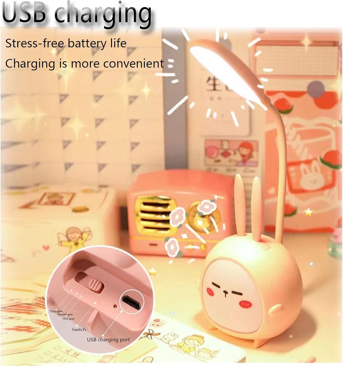 Mini draagbare LED-nachtlamp in de vorm van een konijn - Opvouwbare, oplaadbare leeslamp met USB-aansluiting - Geschikt voor slaapkamers en kinderkamers - Blauw konijn — cadeau in Spellen & Speelgoed - foto 4