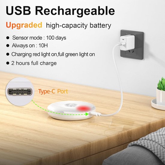 Draadloze LED Lamp met Bewegingssensor, Set van 2 Magnetisch, Dimbaar Trapverlichting, 8 LEDs USB Oplaadbare Kastverlichting voor Gang, Slaapkamer, Keuken, Kinderkamer, Energieklasse A van Lacmisc — afbeelding 4
