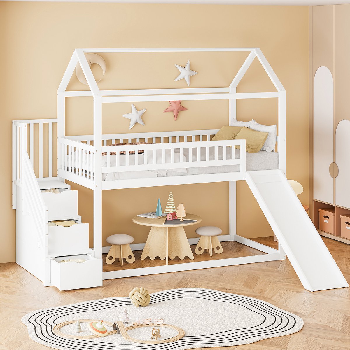 Wishdor Kinderhoogslaper 90x200 cm – Met Glijbaan & Opbergladder – Hoge Uitvalbeveiliging – Speels & Veilig – Hout – Wit