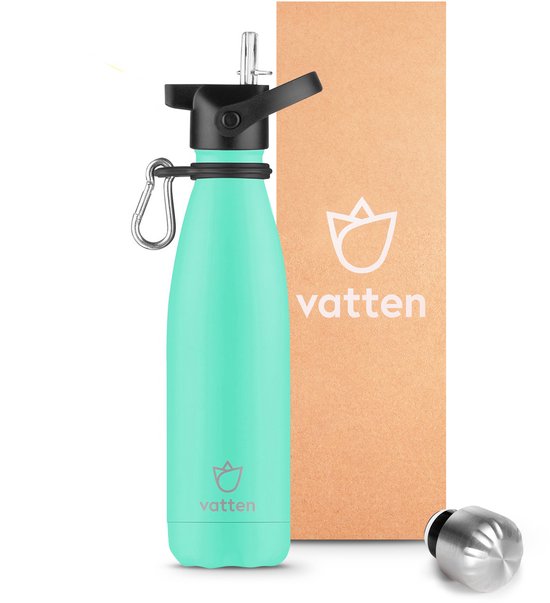 Vatten® Premium RVS Thermosfles - 500 ml - Turquoise - Waterfles met Rietje - Isoleerfles
