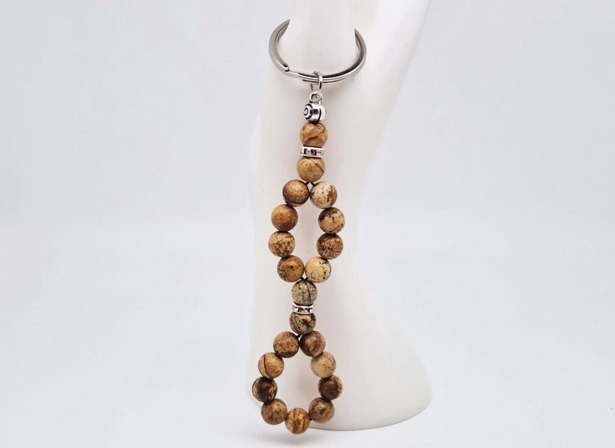Handgemaakte Vis sleutelhanger van natuursteen " Picture Jasper" en metaal - diameter kralen 8mm - Aantal stenen21- Een mooi cadeau-idee en een bijzonder aandenken