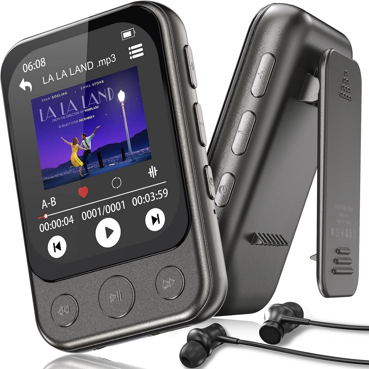 MP3-speler 64 GB met Bluetooth 5.3, clip en ingebouwde luidspreker