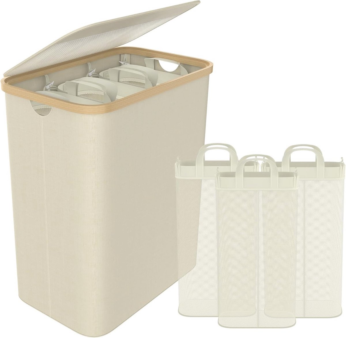 Wasmand met deksel voor 3-vaks scheiding - 140L wasboxen met handgrepen