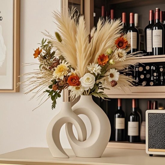 CHIWIN 2-delige Keramische Vaas Set – Handgemaakt Droogbloemen Vazen met Mat Design – Minimalistische Boho Decoratie – Woonaccessoires voor Droogbloemen, Pampasgras, Cadeau, Bureau & Huis