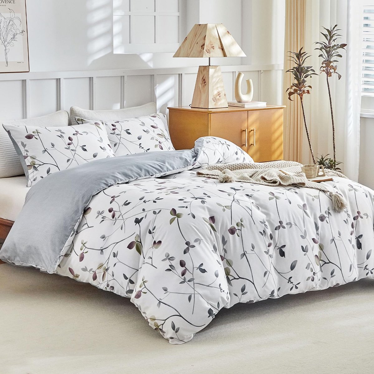 Unyqoos 3-delig Dekbedovertrekset met Botanic Print voor Tweepersoonsbed 240x220 cm wit grijs
