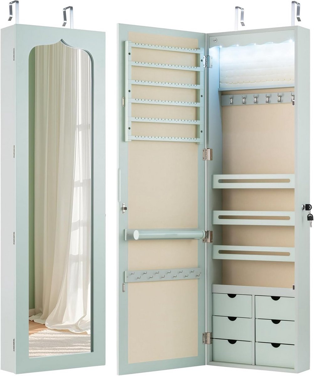 Grote Sieradenkast met Spiegel, Slot en LED Verlichting - Wand- of Deurmontage