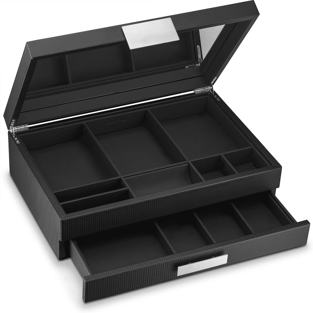 Heren Valet-Dresser Organizer - Luxe 12 Slot Sieraden Accessoires Doos met Grote Spiegel en Metalen Gesp - Perfect voor Horloges, Zonnebrillen en Portemonnees
