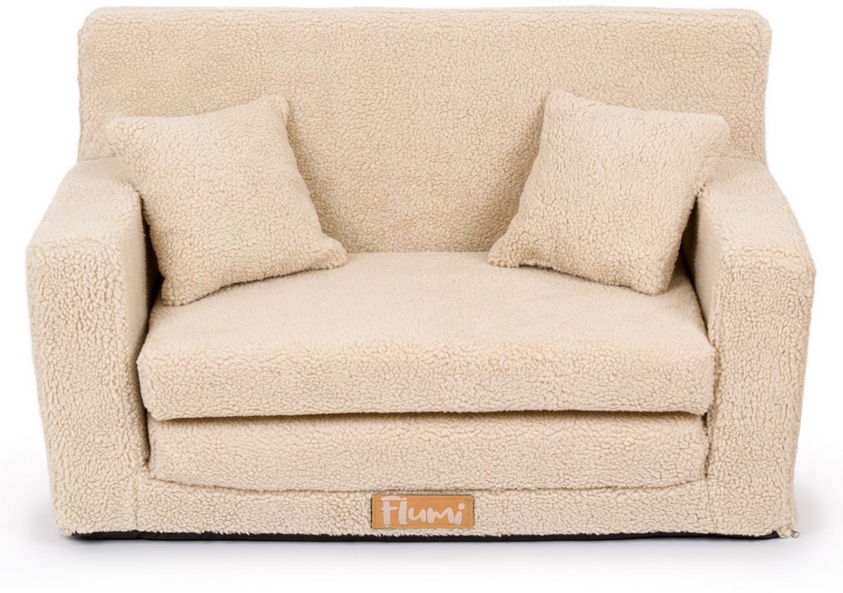 Flumi opvouwbare mini kindersofa van teddy stof – zachte kinderbank met uitklapfunctie en afneembare hoes, donkerbeige