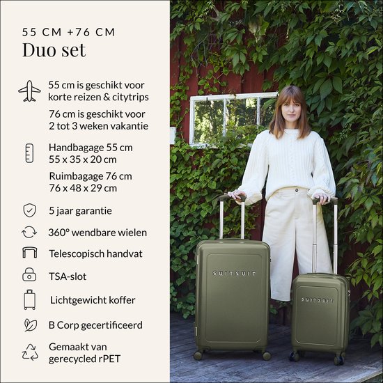 SUITSUIT Kofferset 2 delig - Reiskoffer groot - Handbagage koffer - Koffer set - Veilig TSA cijferslot - Reiskoffer set - Reiskoffer met wielen - Natura kofferset Dark Olive