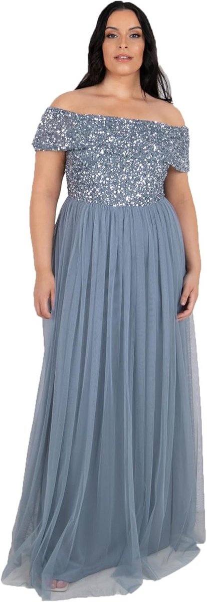 Elegante Bardot Maxi Jurk met Tule Rok voor Feestelijke Gelegenheden