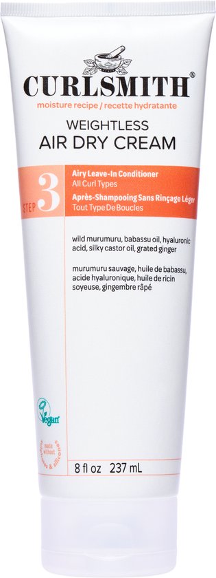 Curlsmith Weightless Air Dry Cream, 237ml tube met oranje label en vegan logo.